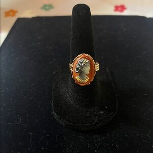 Vintage COSTUME ADJUSTABLE Cameo Ring with Orange and Gold Tone Accents